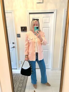 Chanel inspo Fantasy Pink Tweed Jacket Cream Trim and Gold Buttons L ptp 23”